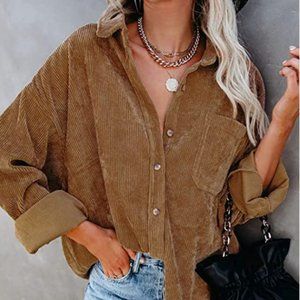 Buy 1, get 1 - Corduroy casual long sleeve button down shirt top, black, brown